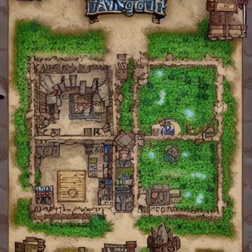 Prompt: An detailed aerial view of a cartoonish tavern by dungeondraft, contaning tables and walls, dnd map , map patreon, fantasy maps, foundry vtt, fantasy grounds, aerial view ,dungeondraft , tabletop, inkarnate, dugeondraft, roll20