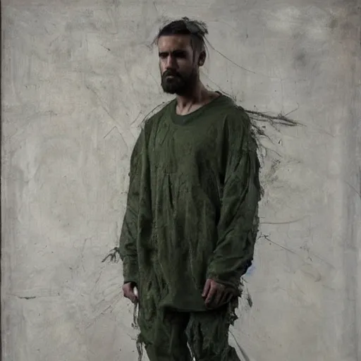 Image similar to a full body portrait of modern day jesus wearing olive green yeezy menswear collection by nicola samori, detailed, oil painting, smudges, hyper realistic, 8 k, yeezy collection