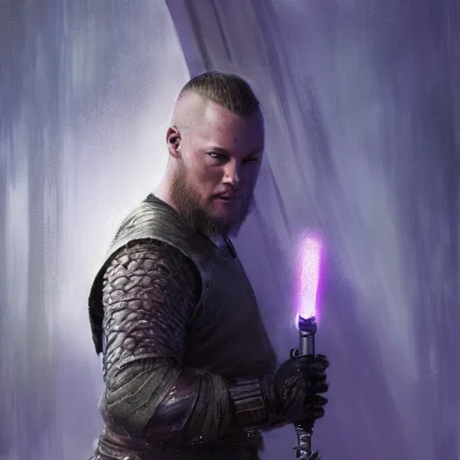 Prompt: Ragnar Lothbrok wielding a purple lightsaber, by Greg Rutkowski and Thomas Kinkade, trending on artstation 4k.