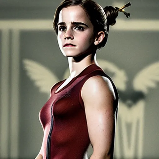 Image similar to emma watson in hunger games, full body shot, highly - detailed, sharp focus, award - winning