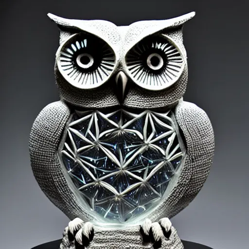 Prompt: symmetrical detailed sculpture of an owl, made of Glow-in-the-dark Crystal