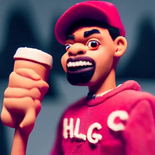 Image similar to a cinematic film still of a claymation stop motion film starring chance the rapper as a college student, shallow depth of field, 8 0 mm, f 1. 8