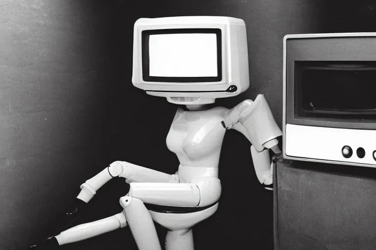 Image similar to beautiful woman robot sitting on a galaxy toilet, from 1985, bathed in the glow of a crt television, tv screens in background, low-light photograph, in style of Tyler Mitchell