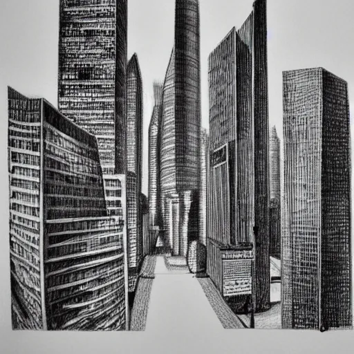 Image similar to a pencil drawing of a futuristic city