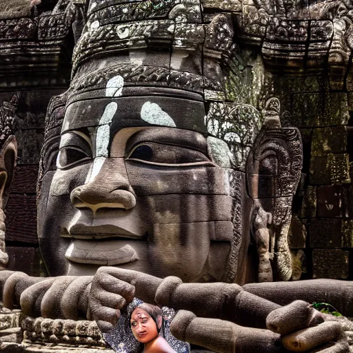 Image similar to angkor thon, yaksha, photorealistic giant photography hight quality, sharp, stones, award winning photography, canon, thierry rouzier