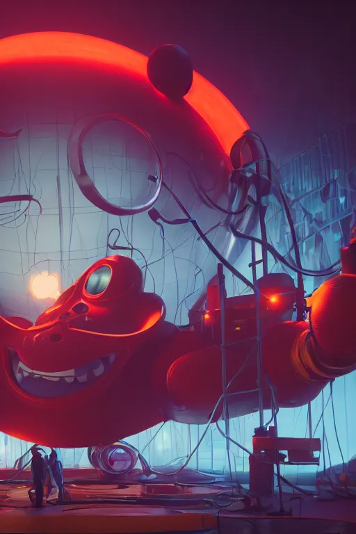 Image similar to bunch of mechanics working on big mickey mouse head, red glowing netflix logo behind, made by beeple, cgsociety, unreal engine, octane render, greg rutkowski, alphonse mucha, cinematic lighting, dark room, low light, sharp focus, 4 k highly detailed art