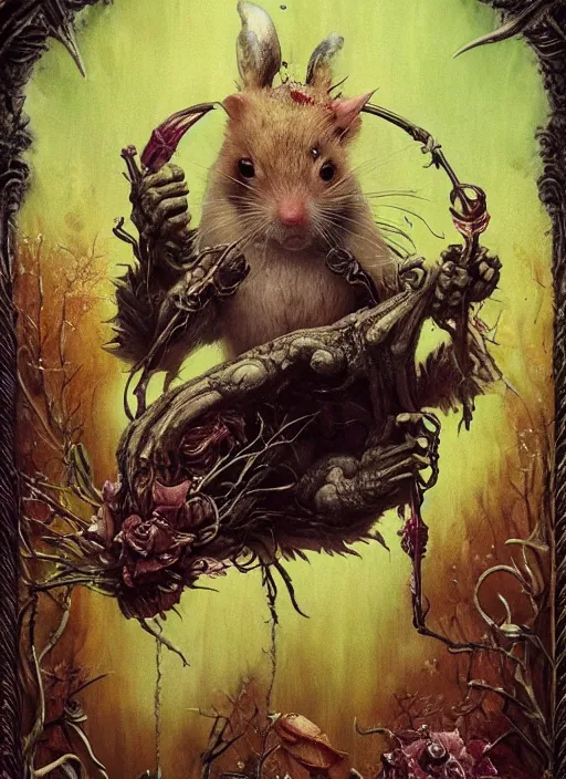 Image similar to the dormouse, death tarot card, highly detailed, cinematic, 8 k, by megan duncanson, benjamin lacombe, adrian borda, stanley artgermm, tom bagshaw, craig mullins, carne griffiths, ayami kojima, beksinski, giger, trending on deviantart, hyper detailed, horror, full of colour