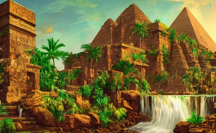 Image similar to ancient egypt structure with plants and waterfalls, epic retrowave art, trending on art station