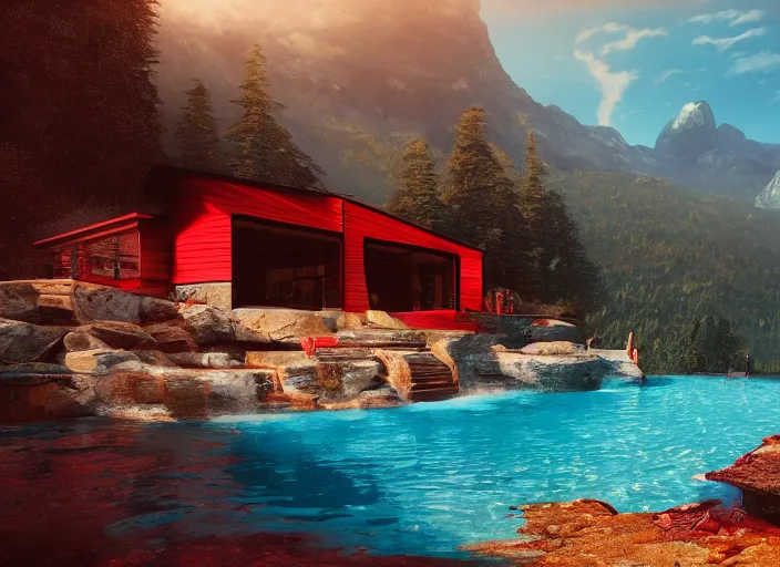 Image similar to tone hut with a swimming pool, mountain landscape, red background, beautiful landscape, dramatic lighting, cinematic, extremly high detail, photorealistic, cinematic lighting, post processed, concept art, artstation, matte painting, style by greg rutkowsky