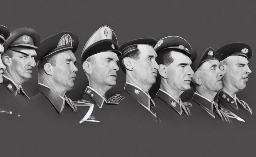 Prompt: 50s movie still close-up portrait of three individual elder soviet generals wearing general's cap with very diverses faces in a stalinist style hall, by Irving Penn, Cinestill 800t 50mm black and white, heavy grainy picture, very detailed, high quality, 4k, HD criterion, precise texture, facial precision, diverse haircuts, diverse ages, different expression