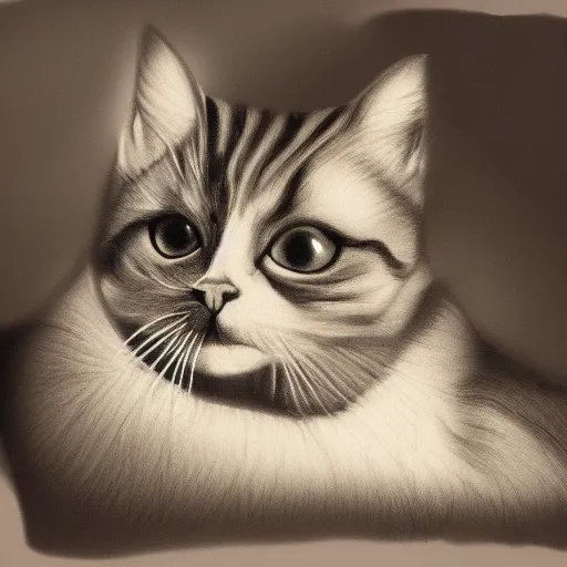 Prompt: Photography of Cat drawing himself, photorealism,