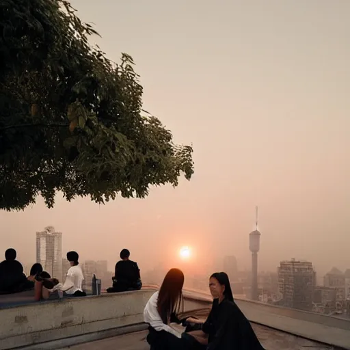 Image similar to a small rooftop with a couple of people sitting and watching the view, wearing black modern clothes, designed by rick owens, messy short hair, modern shanghai bund in smog is on the background, sunset, pale colors, by gregory crewdson