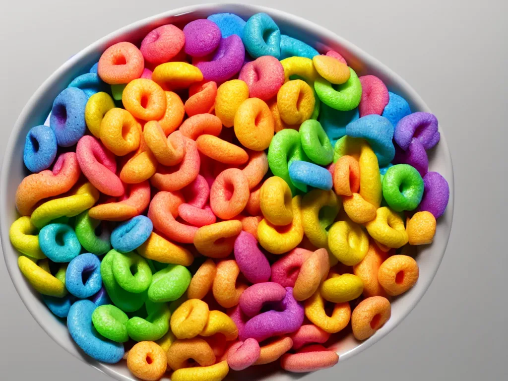 Image similar to bowl of fruit loops in milk, high realism, high contrast, bump map, crunchy, glossy, high detail, stylized, pixar, substance painter, octane render