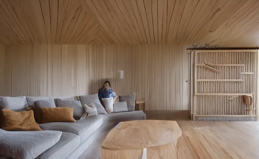 Image similar to luxurious wooden cottage by alvar aalto, modern japanese living room, japanese flower arrangements, coherent composition, architecturally accurate, architecture photography