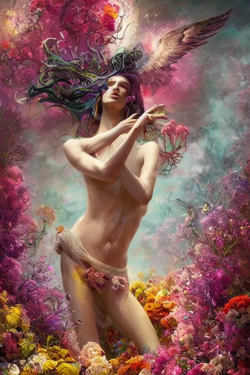 Prompt: beautiful model god of psychedelics dancing in a vortex made of flowers, diamonds, angel, fantasy, dramatic lighting, highly detailed, digital painting, holding electricity, magic the gathering, hyper detailed, 3 d render, hyper realistic detailed portrait, peter mohrbacher, wlop, ruan jia