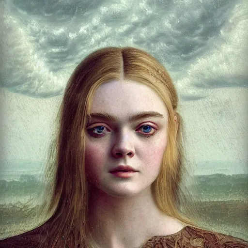 Prompt: professional painting of Elle Fanning in the style of Dino Valls and Craig Mullins, head and shoulders portrait, symmetrical facial features, smooth, sharp focus, illustration, intricate, stormy weather, extremely detailed masterpiece,