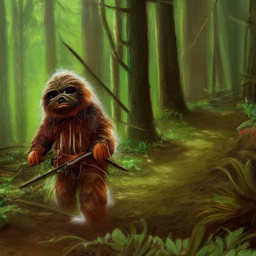 Image similar to a hard working ewok sweeping the forest floor, artstation, colorful