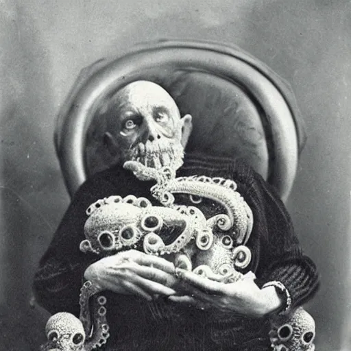 Image similar to spooky old man with an octopus on his lap, vintage photograph, atmospheric