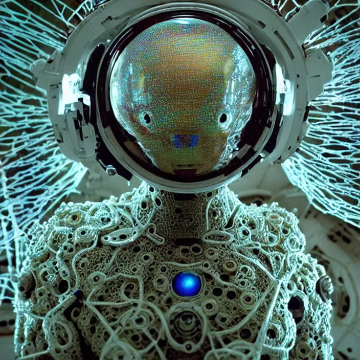 Image similar to a cybernetic symbiosis of a single astronaut mech-organic eva suit made of pearlescent wearing knitted shiny ceramic multi colored yarn thread infected with diamond 3d fractal lace iridescent bubble 3d skin dotted covered with orb stalks of insectoid compound eye camera lenses floats through the living room, film still from the movie directed by Denis Villeneuve with art direction by Salvador Dalí, wide lens,kevlar,carbon fiber,ceramics,gaseous materials,