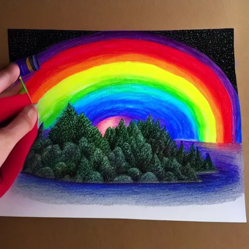 Image similar to Colored pencil art on paper, Rainbow created by moonlight at night in a forest, highly detailed, artstation, MasterPiece, Award-Winning, Caran d'Ache Luminance