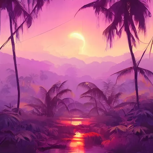 Image similar to tropical jungle, 2 moons in the sky above, purple tinged sky, behance hd artstation by jesper ejsing by rhads, makoto shinkai and lois van baarle, ilya kuvshinov, ossdraws
