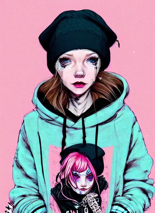 Prompt: highly detailed portrait of a swedish sewer punk lady student, blue eyes, tartan hoody, hat, white hair by atey ghailan, by greg tocchini, by kaethe butcher, gradient pink, black, brown, cream and light blue color scheme, grunge aesthetic!!! ( ( graffiti tag wall white background ) )