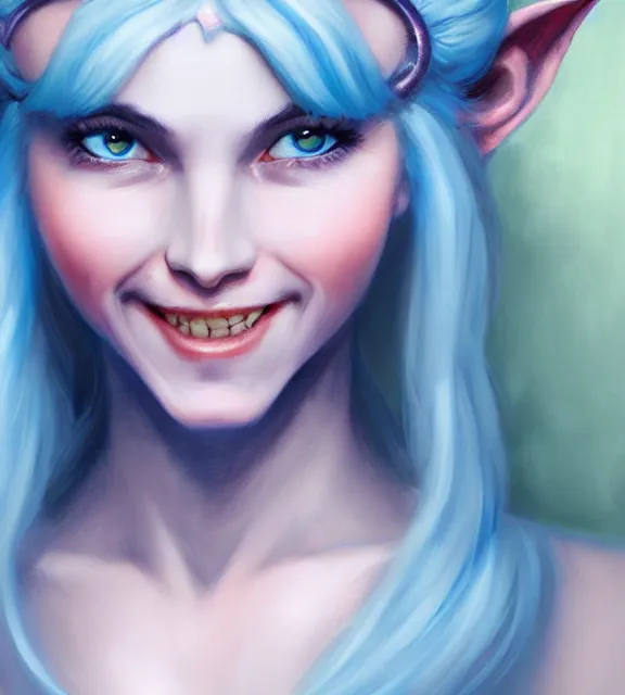 Image similar to laura bailey as cute female tiefling smiling wearing pale blue halter top, perfect face, blue hair, abs, cinematic, blush, stunning, elegant, highly detailed, psychedelic, digital painting, artstation, smooth, hard focus, illustration, art by jessica rossier and and brian froud