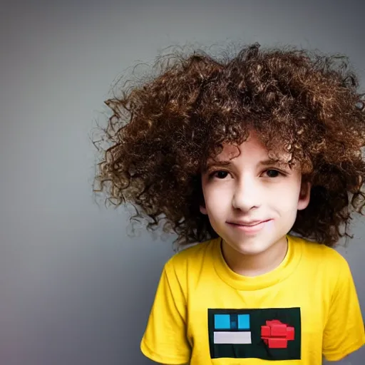 Prompt: close up photo of a 1 5 yo kid with very curly hair wearing a lego t - shirt