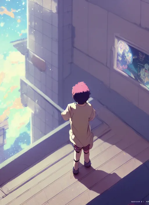 Prompt: boy on ground waving to a pretty girl on the second floor, illustration concept art anime key visual trending pixiv fanbox by wlop and greg rutkowski and makoto shinkai and studio ghibli