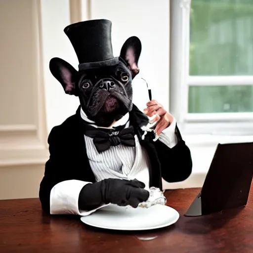 Prompt: a portrait picture of a black french bulldog wearing a dinner jacket wearing a top hat and reading glasses, smoking a pipe sitting at a table at a french cafe symmetric