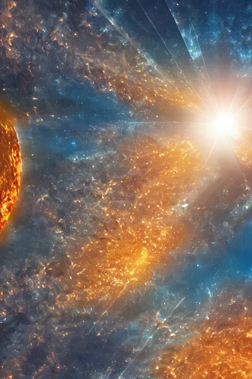 Image similar to a ladder stretching from Earth to the sun, viewed from space, cinematic lighting, 8k, science fiction