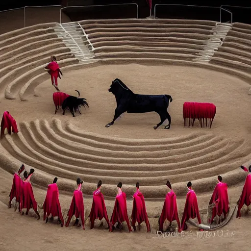 Prompt: evocative by stephanie rew. a installation art of a bullfight in spain. the installation art is set in an arena with spectators in the stands. several figures in the installation art, including a matador & a bull.