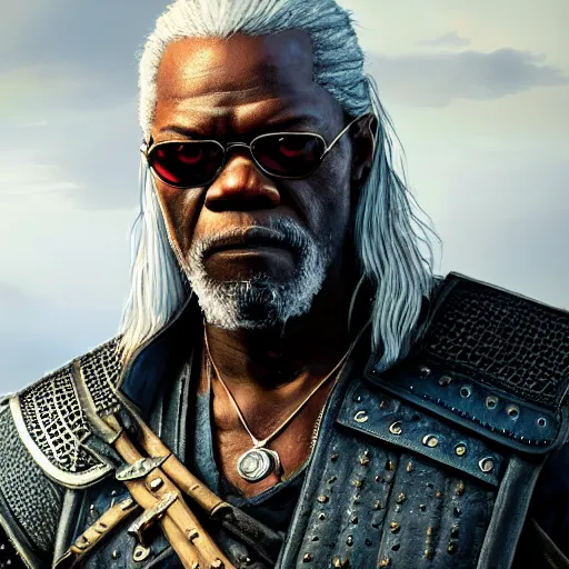 Image similar to closeup portrait of samuel jackson as geralt in the witcher, city background, dramatic light, gorgeous view, depth, high detail, digital art, concept art painted by greg rutkowski and seb mckinnon, neuromancer, trending on artstation