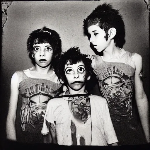 Prompt: night flash portrait photography of punk kids on the lower east side by diane arbus, colorful!!, nighttime!, raining!