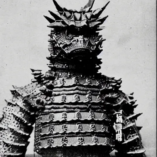 Prompt: “Godzilla in full samurai armour, 1900’s photo”