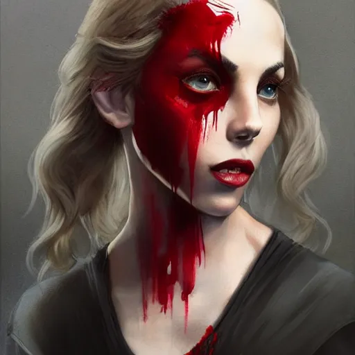 Prompt: portrait of lexi belle, sexy muscular upper body in bloody business suit, blood red eyes, vampire fangs, fantasy, intricate, elegant, highly detailed, digital painting, artstation, concept art, matte, sharp focus, illustration, art by aenaluck and roberto ferri and greg rutkowski, epic fantasy, digital painting