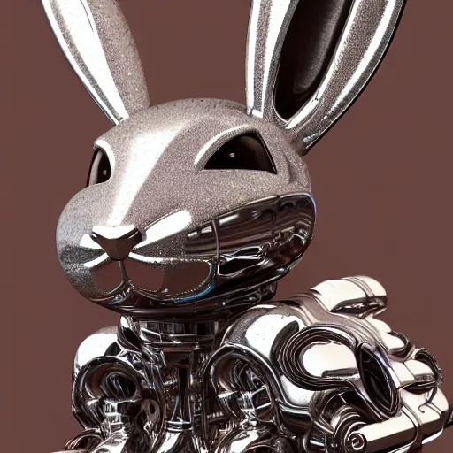 Prompt: chrome bunny made of corvette parts in a lush forest :: moody, ornate, dynamic, particulate, intricate, elegant, highly detailed, centered, artstation, smooth, sharp focus, octane render