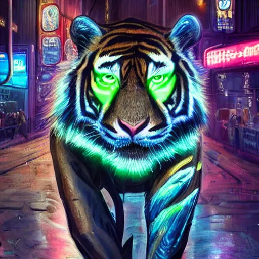 Image similar to a beautfiul award winning commission portrait of an anthro tiger in the neon cyberpunk city at night,wearing a leather jacket,glow effect,detailed face,photorealistic,character design by charles bowater,ross tran,deviantart,artstation,digital art,hyperdetailed,realistoc,western comic style,vfx,dramatic,fantasy,dream-like