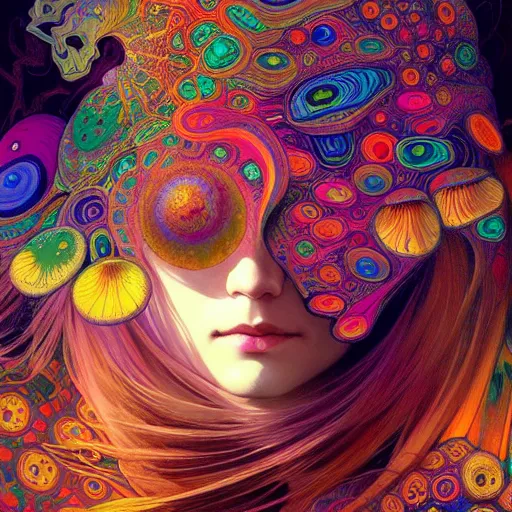 Image similar to An extremely colorful psychedelic experience, warping time and space, magic mushrooms, psilocybin, LSD, face, detailed, intricate, elegant, highly detailed, digital painting, artstation, concept art, smooth, sharp focus, illustration, art by Krenz Cushart and Artem Demura and alphonse mucha