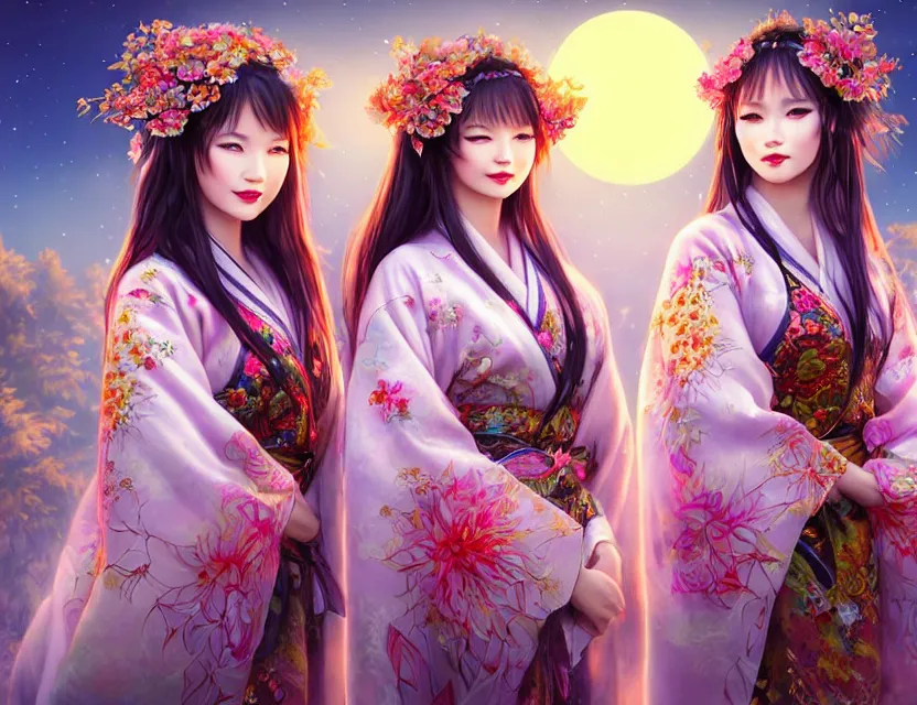 Image similar to two beautiful alluring siberian girls wear fantasy kimono in festival | | sunny night, full moon, dreamlike art, realistic shaded, smile, good looking, hyper details, 4 k realistic, cryengine, realistic shaded lighting poster by artgerm, ross tran, fuji choko, 8 k resolution, trending on artstation, luxury