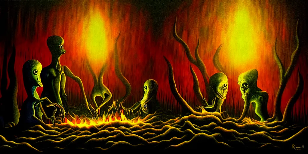 Image similar to creatures lurking in the collective unconscious, dramatic lighting from warm fire glow, in a dark surreal painting by ronny khalil