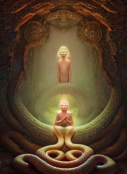 Image similar to hyperreal ultra detailed hypnagogic recollections from the waters of the unconscious. a 3 d psychopomp watching on. an ancient child. prismatic crystal light projections, a doorway threshold, a snake, sharp focus, global illumination, ornate, art by shaun tan, fenghua zhong and daniel merriam and dan mumford octane render