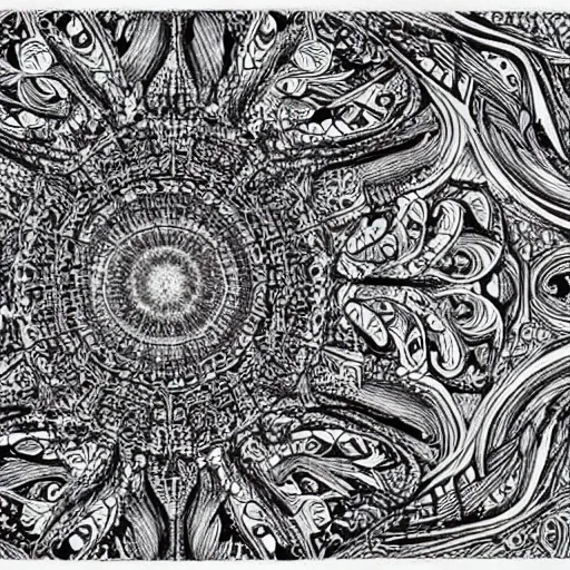 Prompt: infinite dimensions draw in intricate detail with micron black ink on large parchment