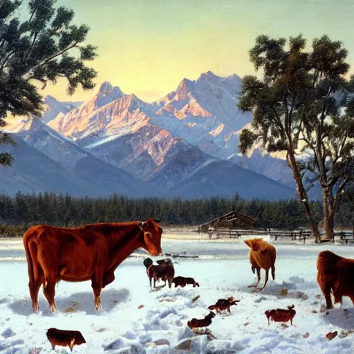 Prompt: an extremely detailed matte painting of a rancher feeding the animals at sunrise on the first day of spring, huge rocky mountains in the background, tall rancher wearing a cowboy hat, dogs, cows, sheep, chickens, ducks, 4 k, ranch the morning after a light snowfall, by bob ross and norman rockwell