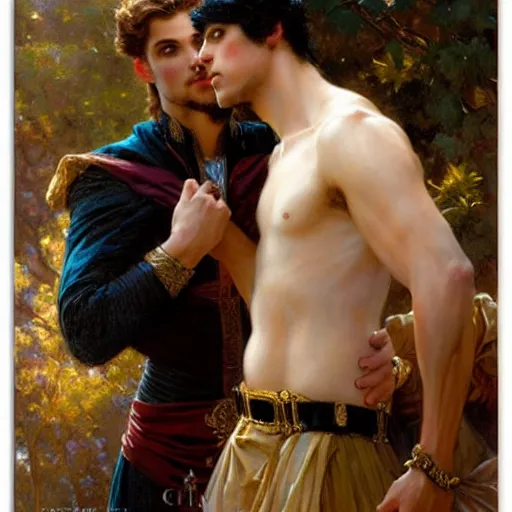 Image similar to attractive fully clothed king confesses his love for his attractive fully clothed male prince. highly detailed painting by gaston bussiere, mark brooks, j. c. leyendecker, craig mullins