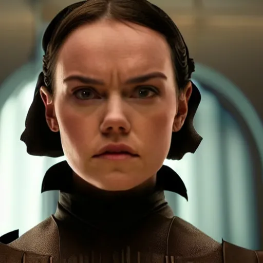Prompt: movie still of daisy ridley as sith empress wearing a black satin robe and metal belt with dark eye makeup, sweaty, detailed eyes, neutral expression, shallow depth of field, photorealistic, cinematic lighting, lovely bokeh, dark moody light, strong rim light, movie quality, star wars