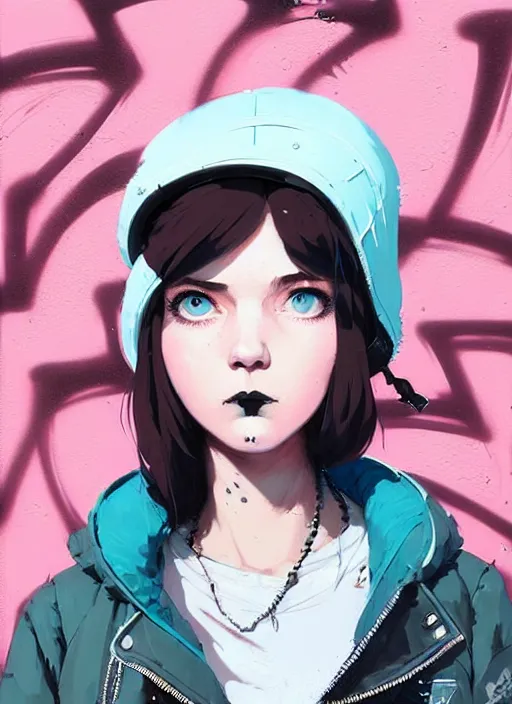 Image similar to highly detailed portrait of a street punk lady student, blue eyes, bubble jacket, hat, white hair by atey ghailan, by greg rutkowski, by greg tocchini, by james gilleard, by joe fenton, by kaethe butcher, gradient pink, black, brown and light blue color scheme, grunge aesthetic!!! ( ( graffiti tag wall background ) )