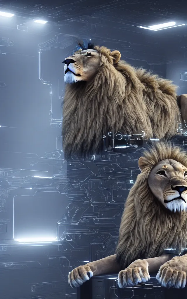 Prompt: sixteenk absolutelyrealenginerender of a majestic lion emperor sits on a royal throne connected to an ai cybernetic super - computer mainframe with futuristic displays and technology