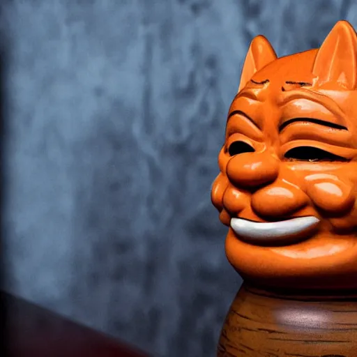 Image similar to a closeup photorealistic photograph of an orange cat garfield style tiki mug at a trader vic's bar with garfield's face on the front. tiki party. bright scene. fine detail. this 4 k hd image is trending on artstation, featured on behance, well - rendered, extra crisp, features intricate detail, epic composition and the style of unreal engine.