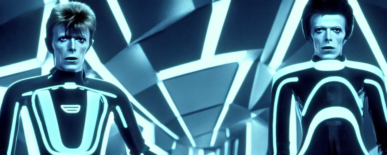 Image similar to a film still of david Bowie in tron high quality .